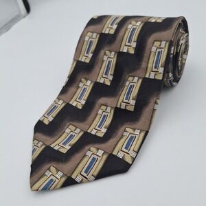 Leo Made In Italy Men's Necktie Silk Tie Brown Blue Art Deco Design Retro